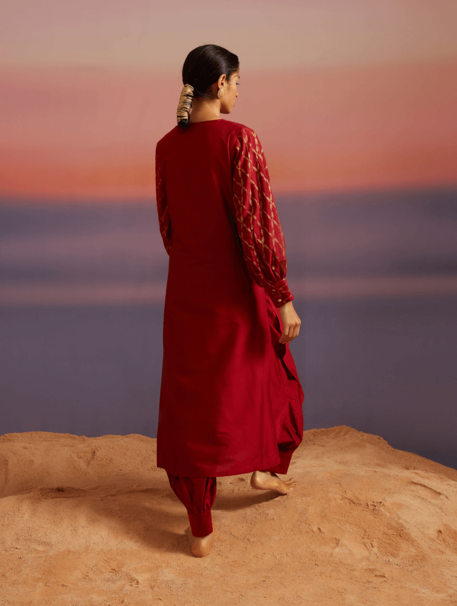 Coral Red Banarasi Kurta Set With Pathani Pants