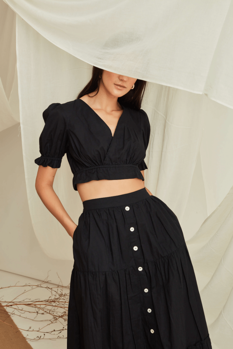 Overlapped puff sleeve crop top with button down pleated hem tiered skirt -Midnight Black