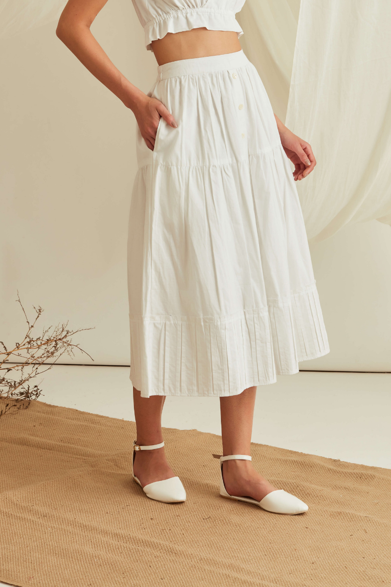 Button down pleated hem tiered skirt-Marshmallow White