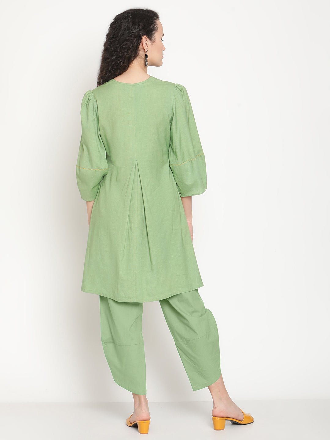 Fern Green Flared Kurta With Overlap Hem Pants