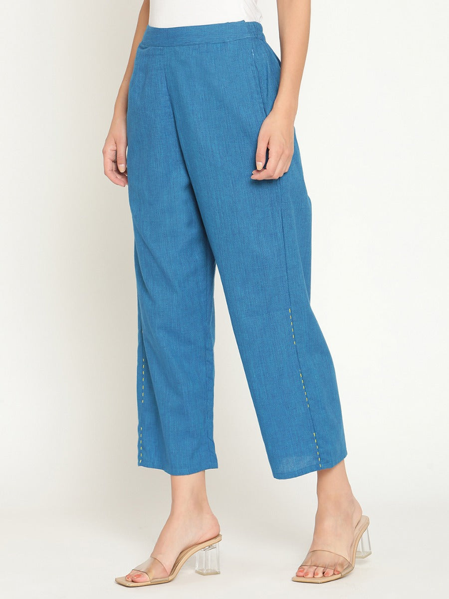 Blue Mangalgiri Straight Pants With Elaticated Waist