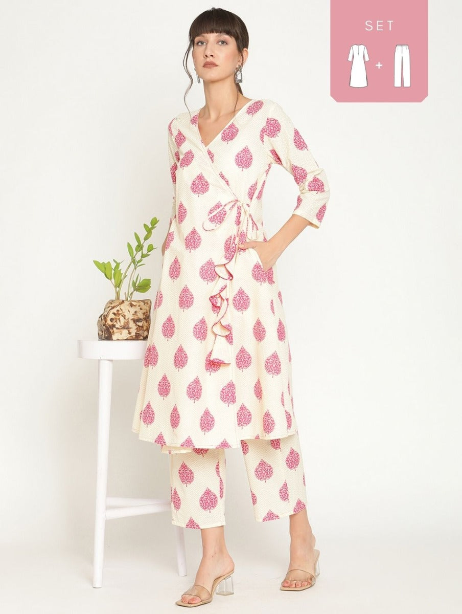 Abhishti printed angrakha kurta with Straight pants-Indigo