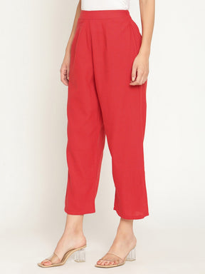Red Straight Pants With Elasticated Waist