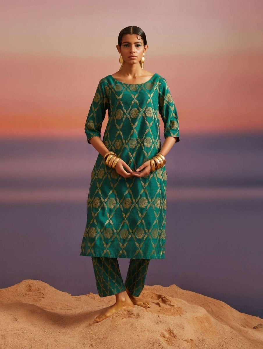 Coral Green Banarasi Straight Kurta With Straight Pants