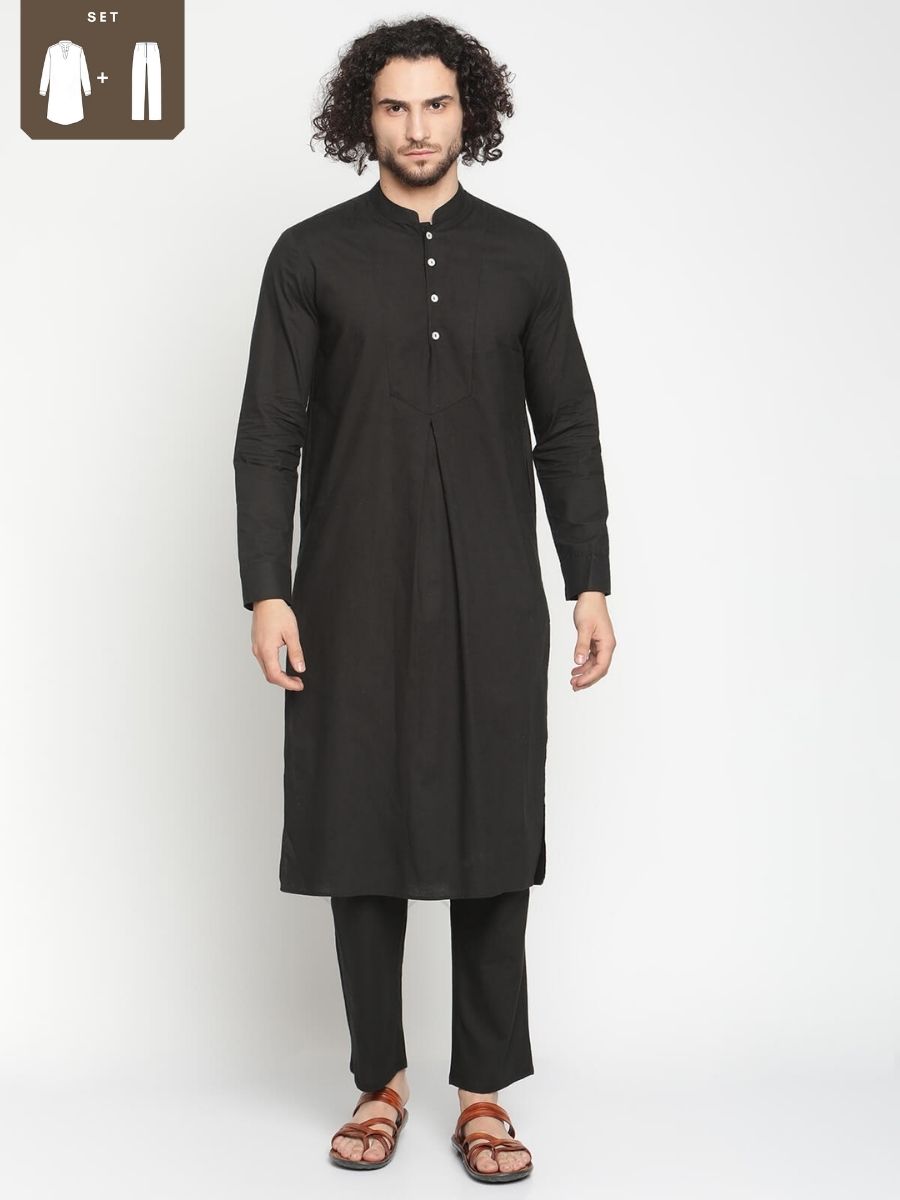 Men Black Pleated Poplin Kurta With Straight Pyjama