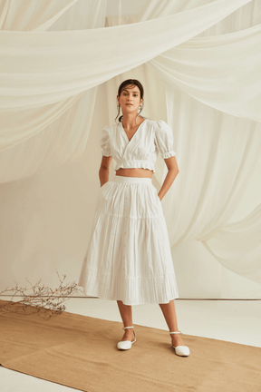 Overlapped puff sleeve crop top with button down pleated hem tiered skirt -Marshmallow White