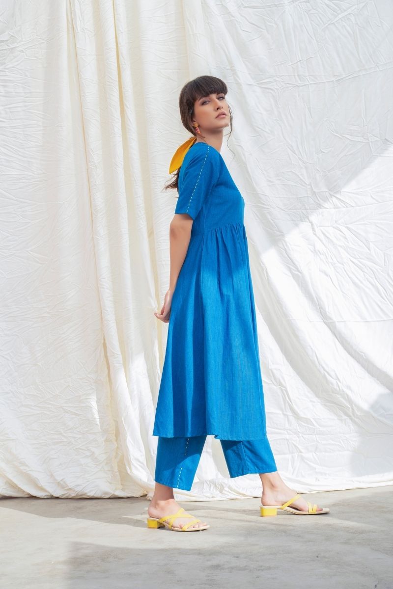 Cobalt-Blue Mangalgiri Cotton U-Waistline Kurta