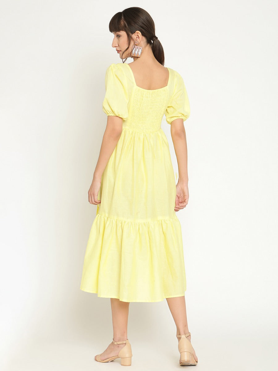 Puff sleeves midi tiered dress with slit-Lemon