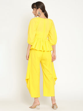 Balloon sleeve tiered cotton poplin top with pleated pants - Sunshine Yellow