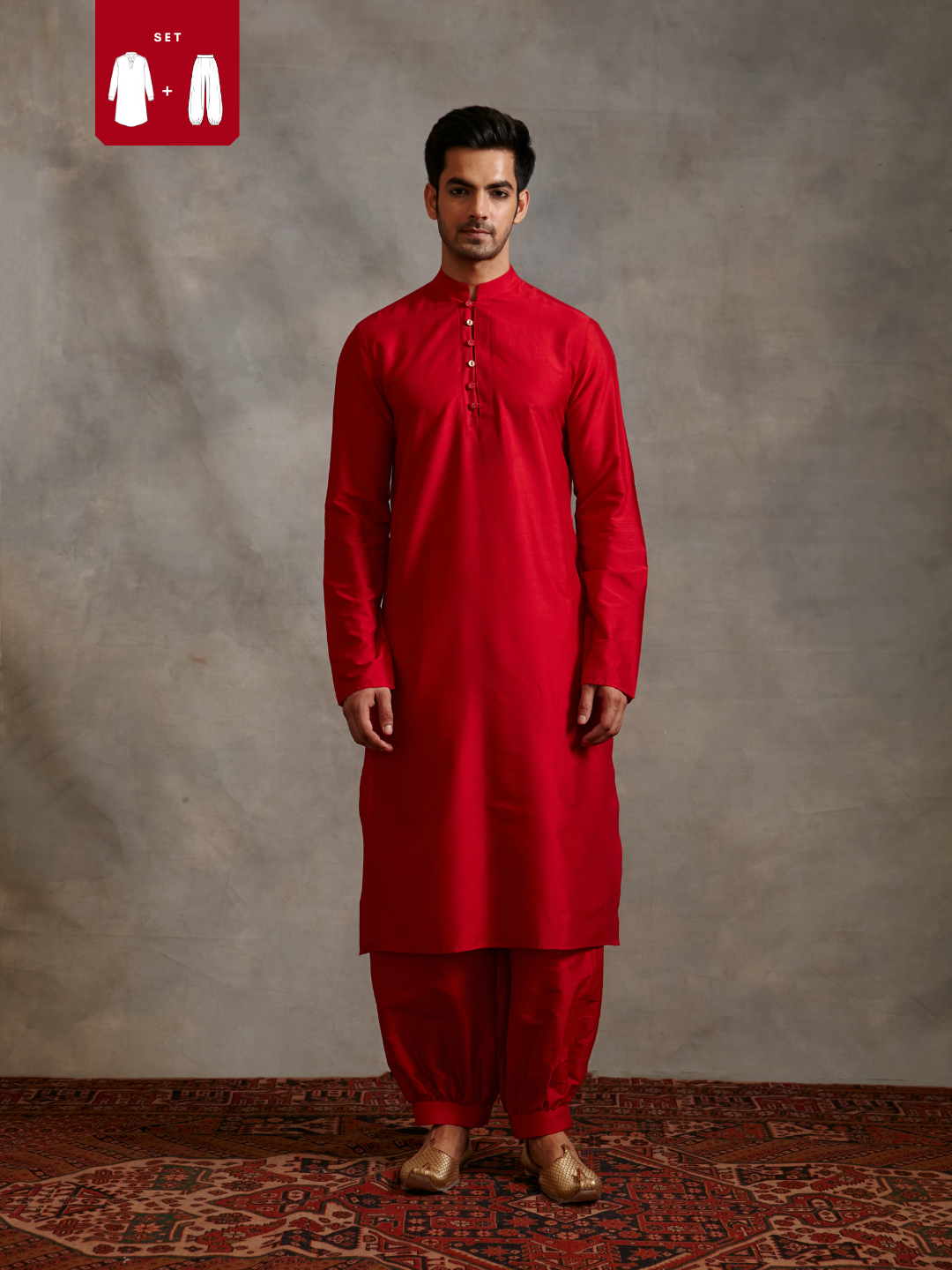 Banarasi Mandarin collar kurta with pathani pants- scarlet red