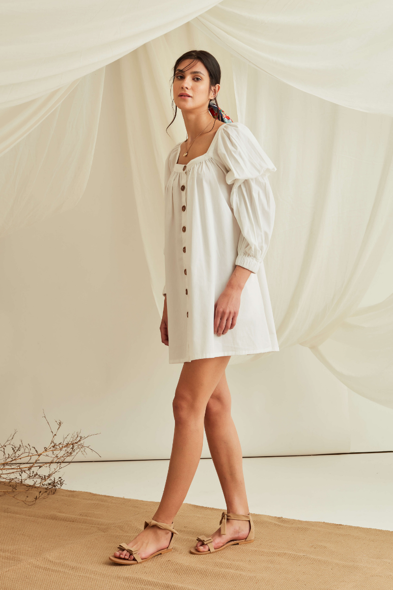 Marie sleeves Button down mini dress-Marshmallow White