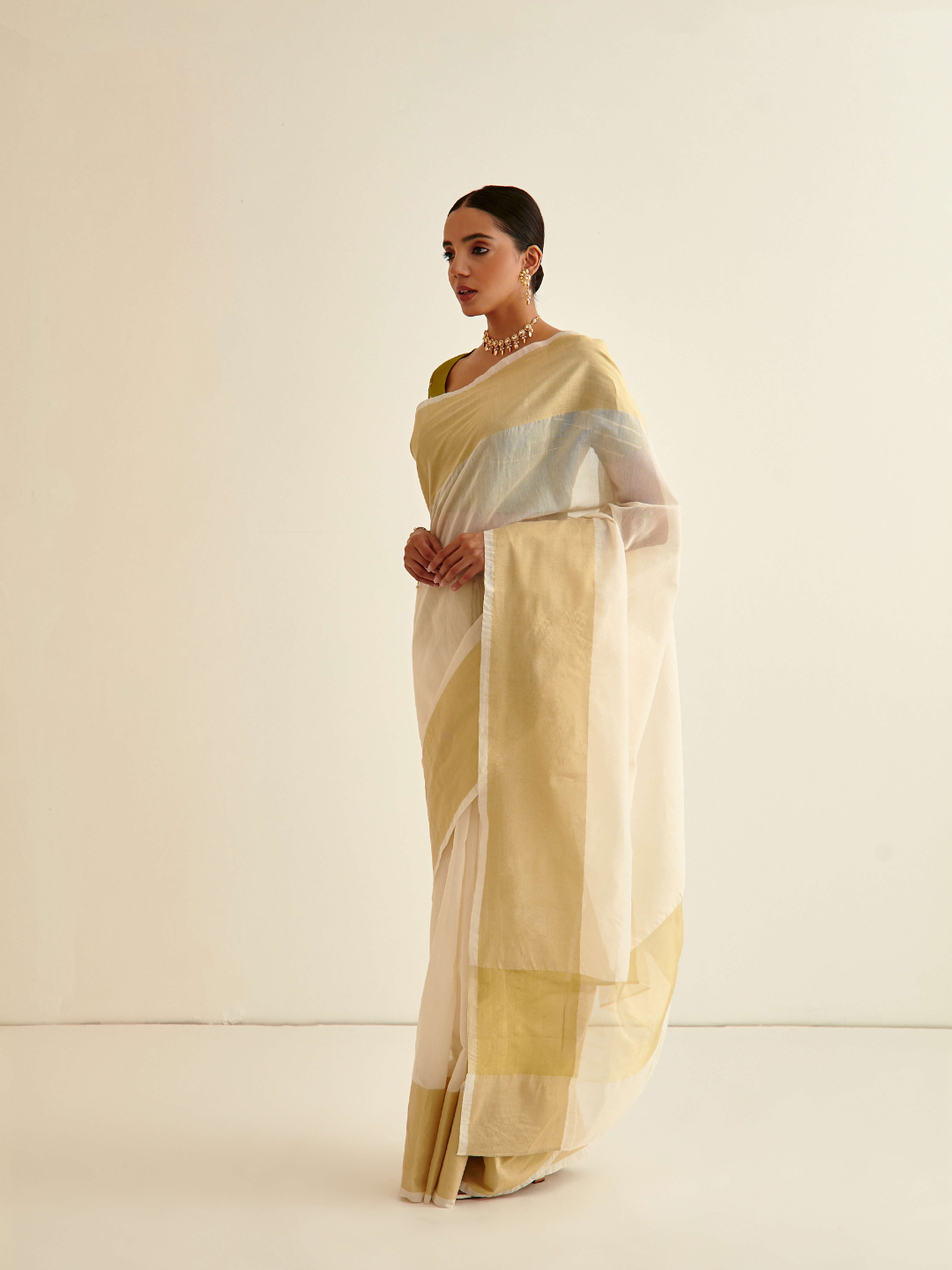 Banarasi Woven sari with zari border-Pearl white