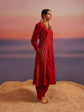 Coral Red Princess Seam Flared Banarasi Kurta
