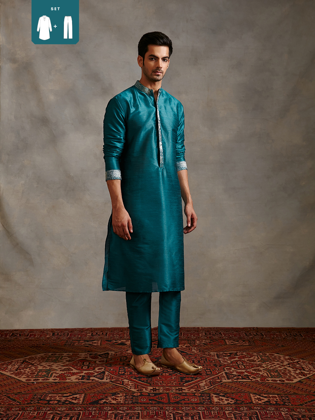 Banarasi zari detail Buttoned down kurta set - teal blue