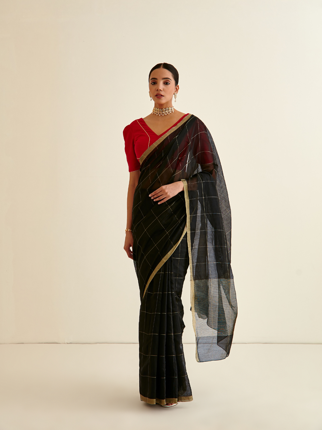 Banarasi Woven zari Plaid pattered sari-Charcoal black