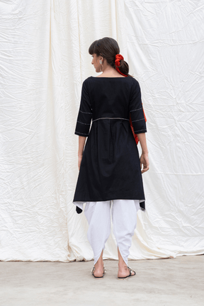 Midnight Black Mangalgiri Flared Kurta With Dhoti Pants