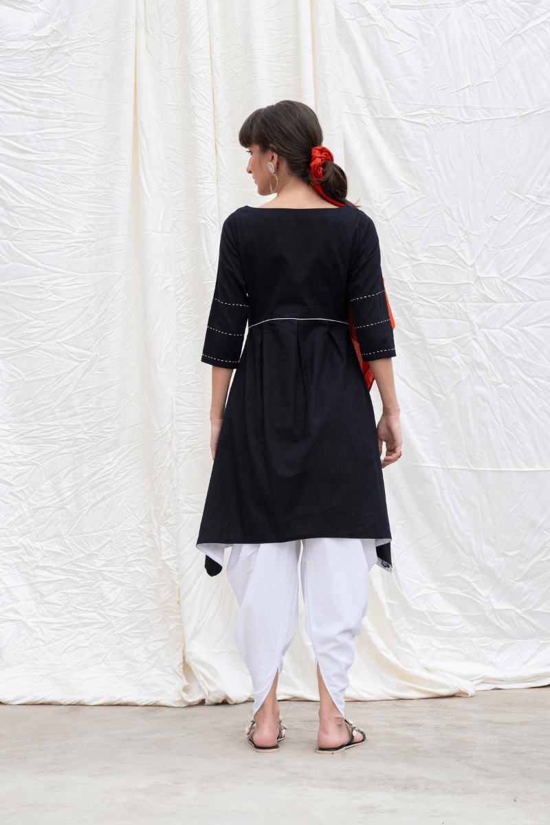 Midnight Black Mangalgiri Flared Kurta With Dhoti Pants