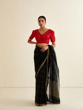 Banarasi Woven zari Plaid pattered sari-Charcoal black