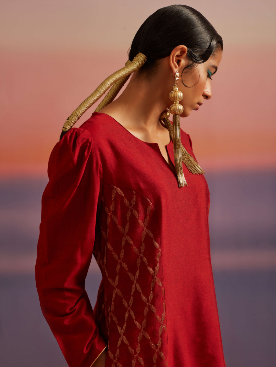 Coral Red Princess Seam Flared Banarasi Kurta