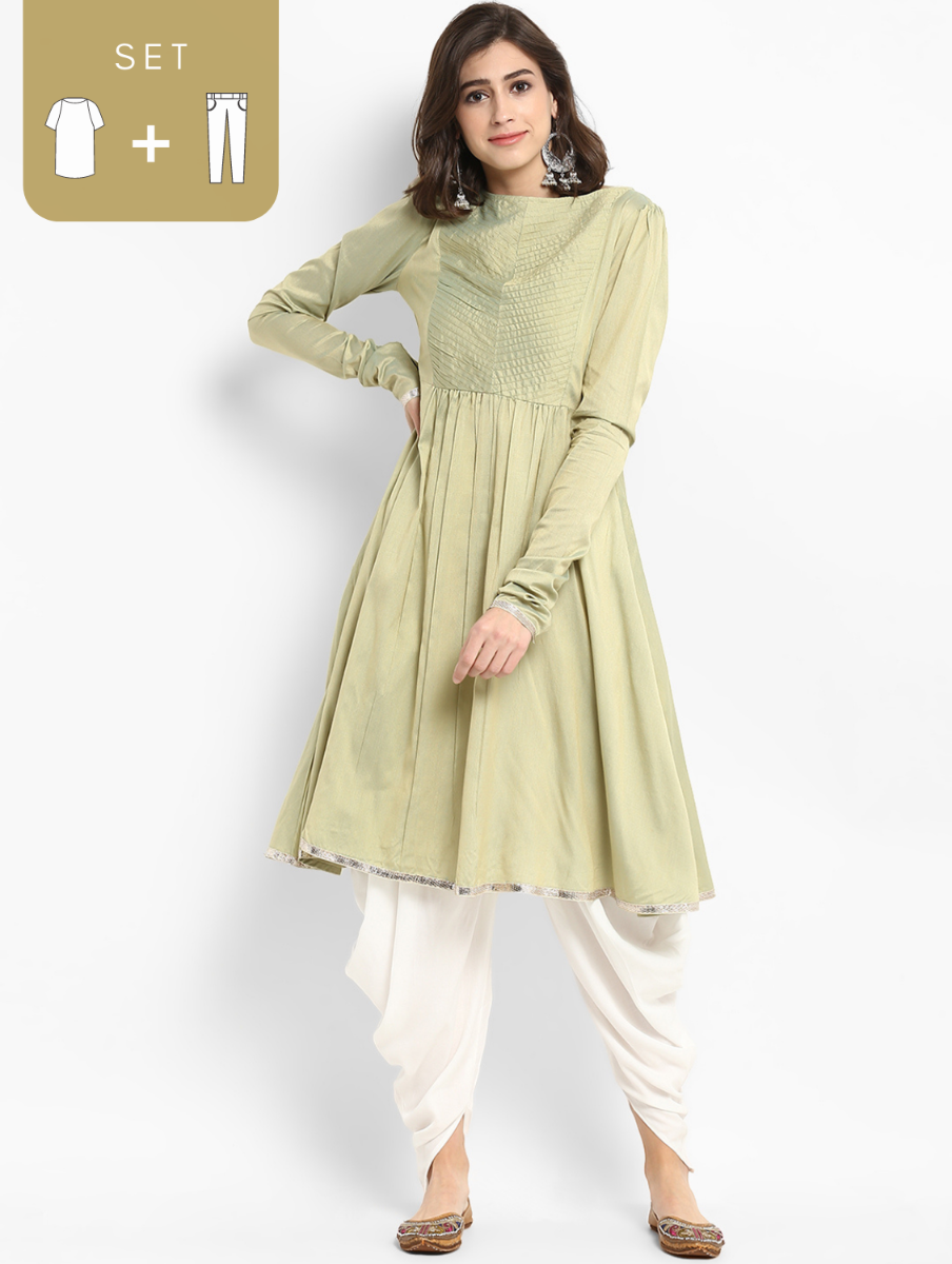 Sage Green Banarasi kurta with off white Dhoti Pants.