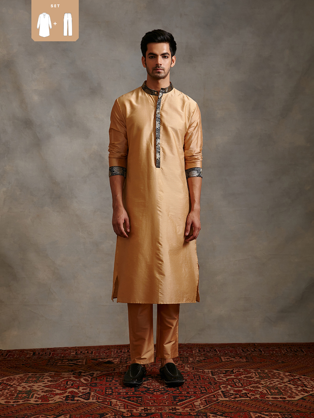 Banarasi zari detail Buttoned down kurta with straight pant-sand beige