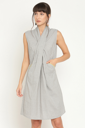 Cross Draped Neck Mini Dress-Smoke Grey