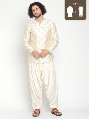 Men Cream Short Zari Work Banarasi Kurta With Afghani Pant