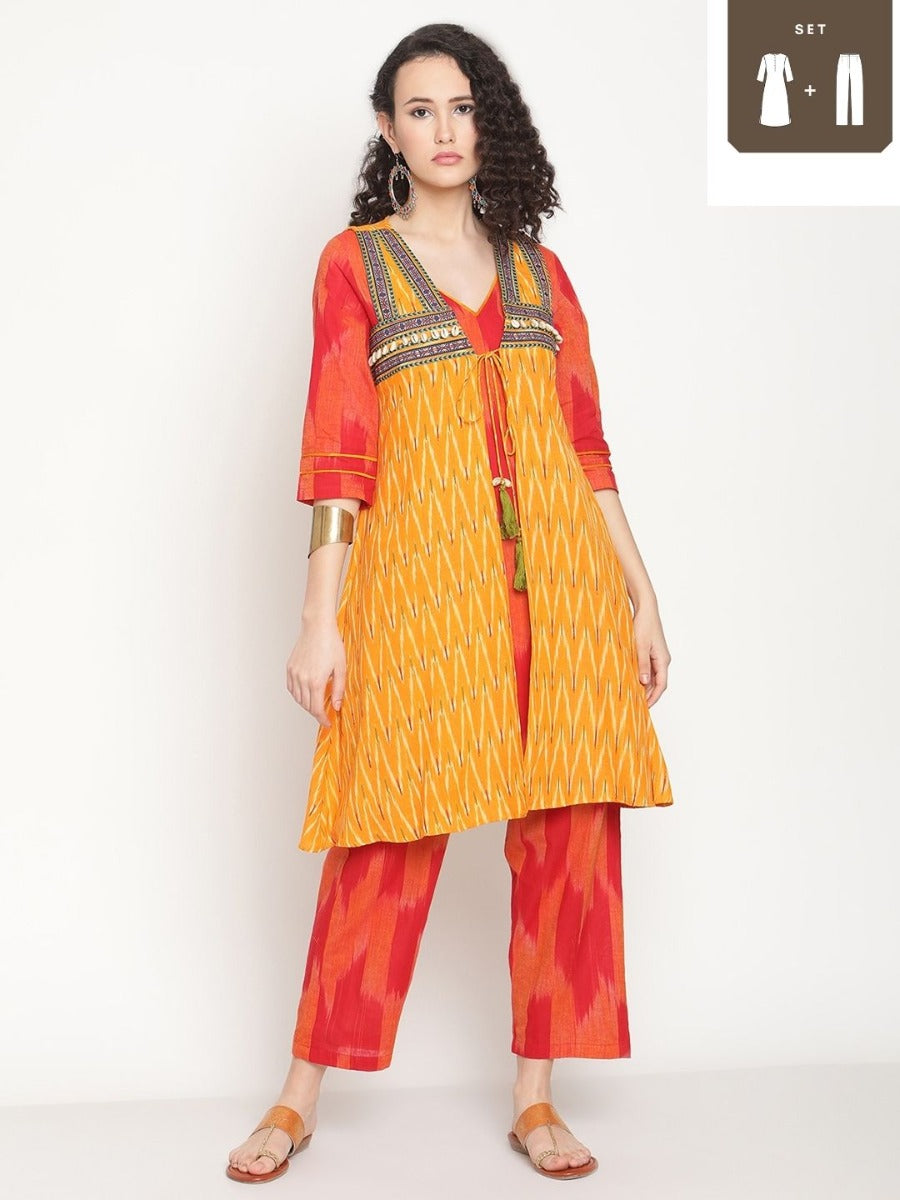 Red Straight V-neck Kurta With Boho Jacket And Pants