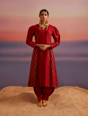 Coral Red Princess Seam Flared Banarasi Kurta