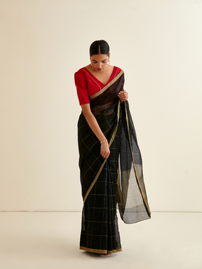 Banarasi Woven zari Plaid pattered sari-Charcoal black