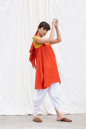 Orange Rust Mangalgiri Flared Kurta With Dhoti Pants