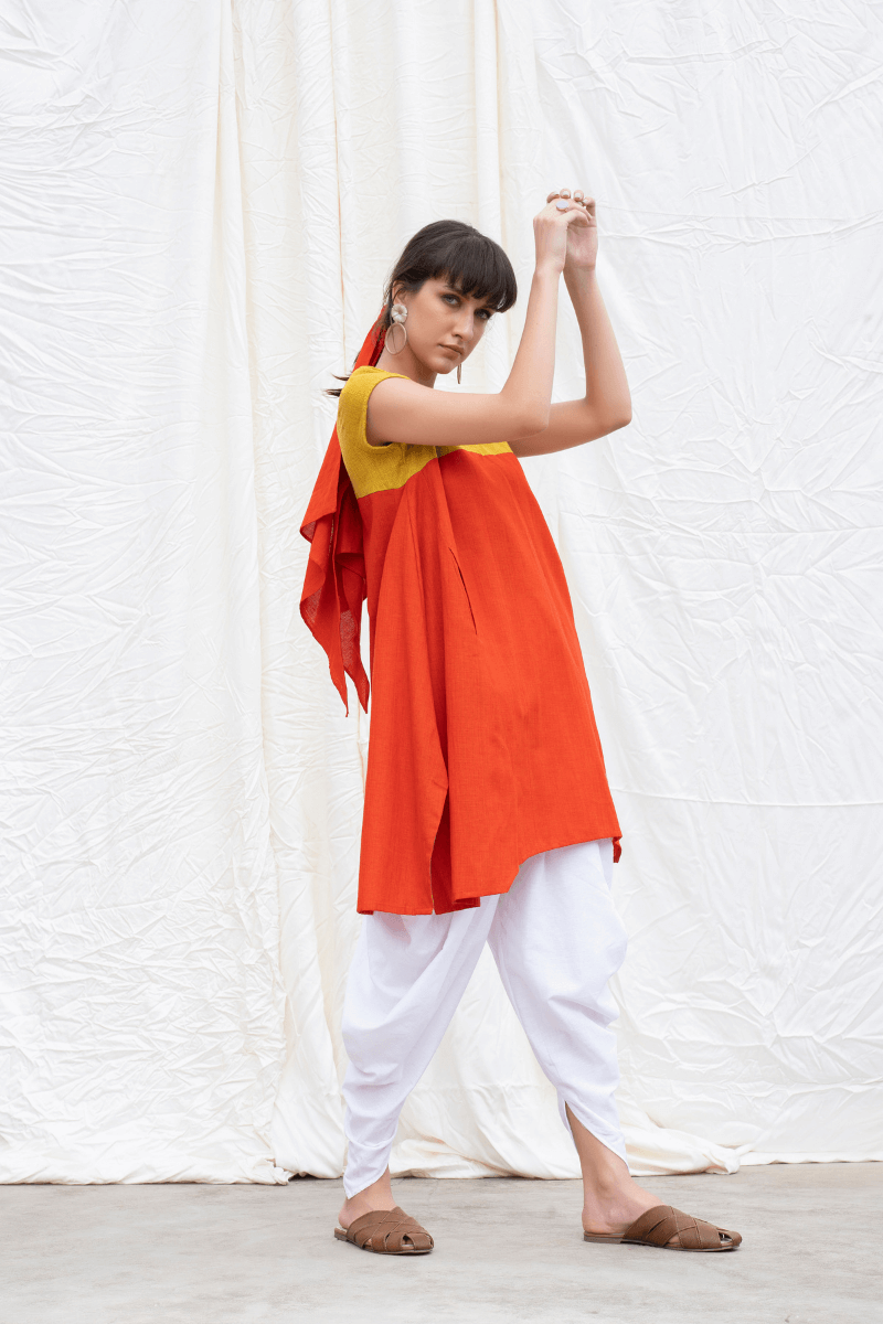 Orange Rust Mangalgiri Flared Kurta With Dhoti Pants