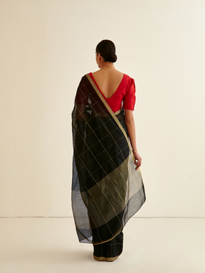 Banarasi Woven zari Plaid pattered sari-Charcoal black