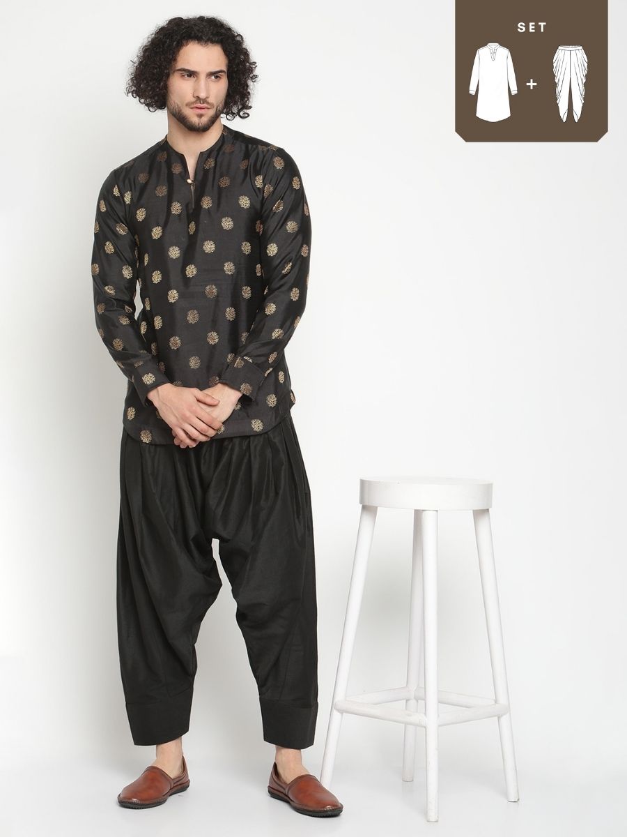 Men Black Short Zari Work Banarasi Kurta With Afghani Pant