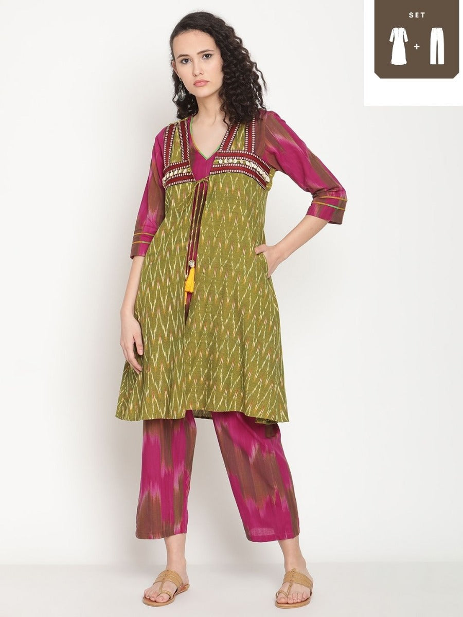 Purple Wine V-neck Kurta With Boho Jacket And Pants