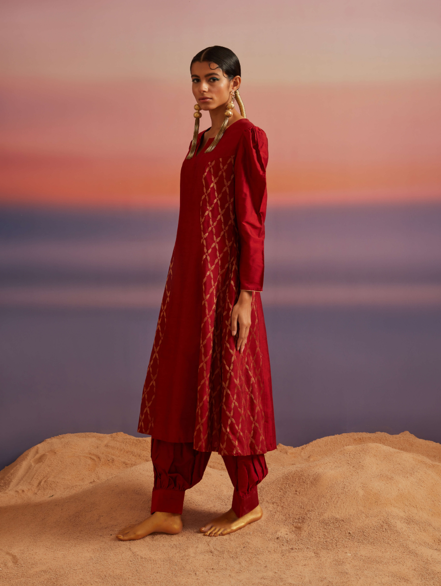 Coral Red Princess Seam Flared Banarasi Kurta