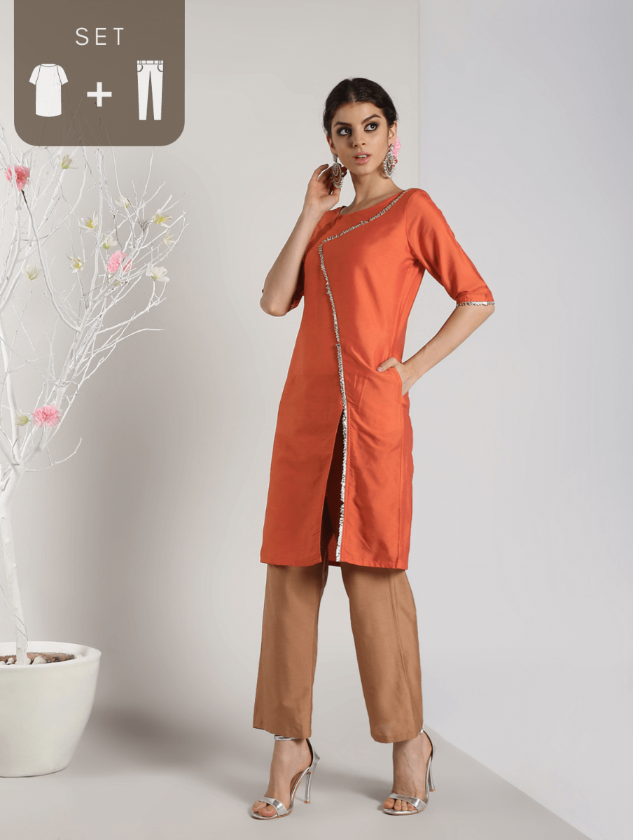 Abhishti Cotton Silk Abstract Lace Panelled Kurta with Bottom