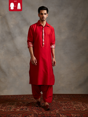 Banarasi collared kurta with zari placket and afghani pants- scarlet red