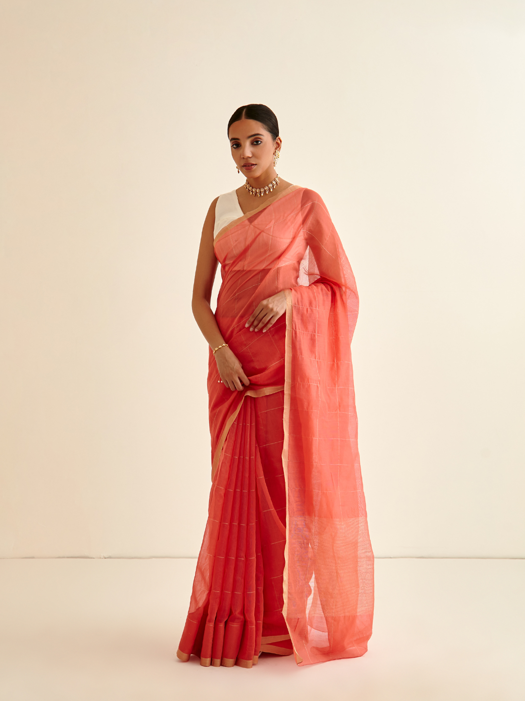 Banarasi Woven zari Plaid pattered sari-Coral pink
