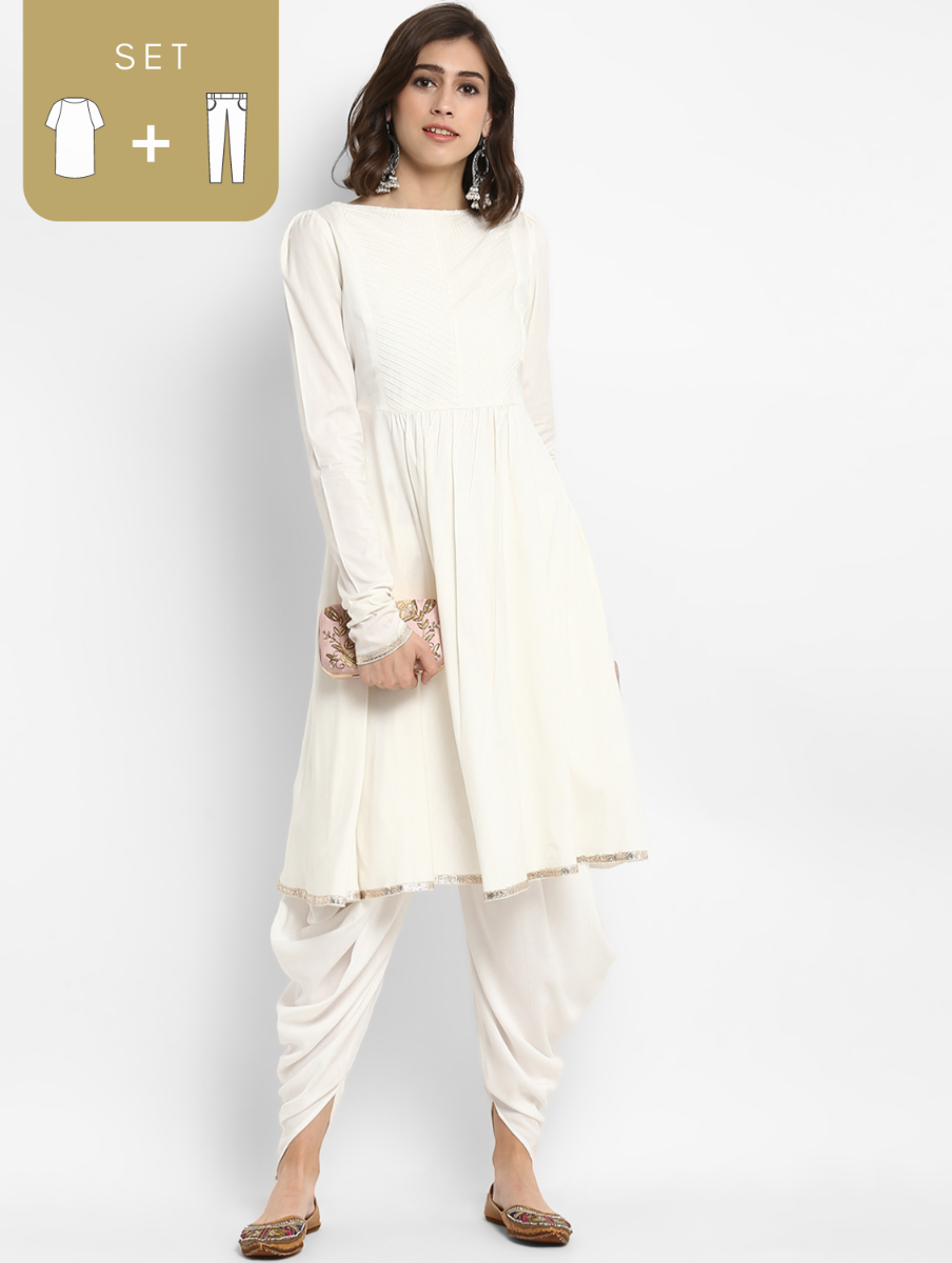 Off-White Banarasi Kurta with Dhoti Pants.