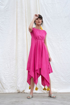 Beetroot-Pink Mangalgiri Cotton Handkerchief Dress
