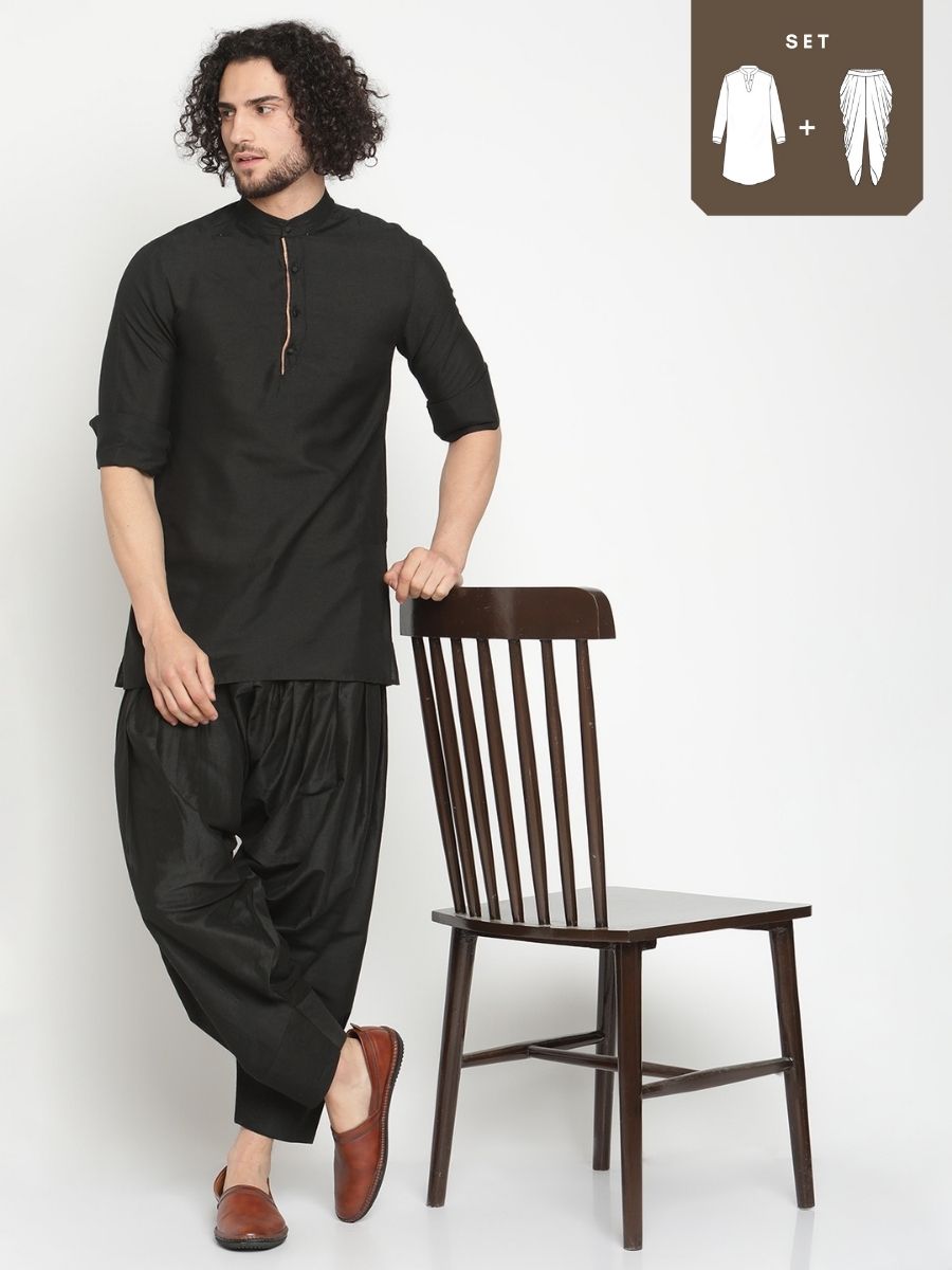 Men Black Short Banarasi Kurta With Afghani Pants