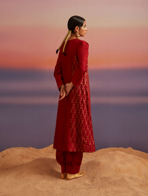 Coral Red Princess Seam Flared Banarasi Kurta