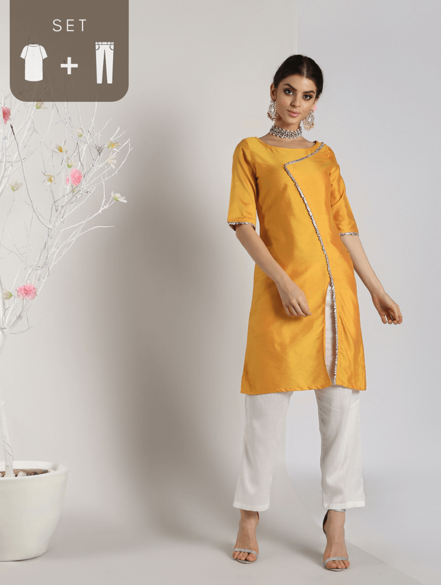 Abhishti Cotton Silk Abstract Lace Panelled Kurta with Bottom