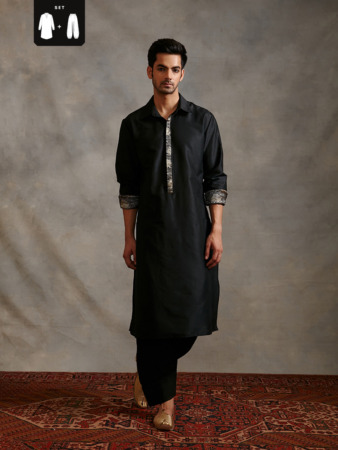 Banarasi collared Kurta Set with zari placket - Metallic black