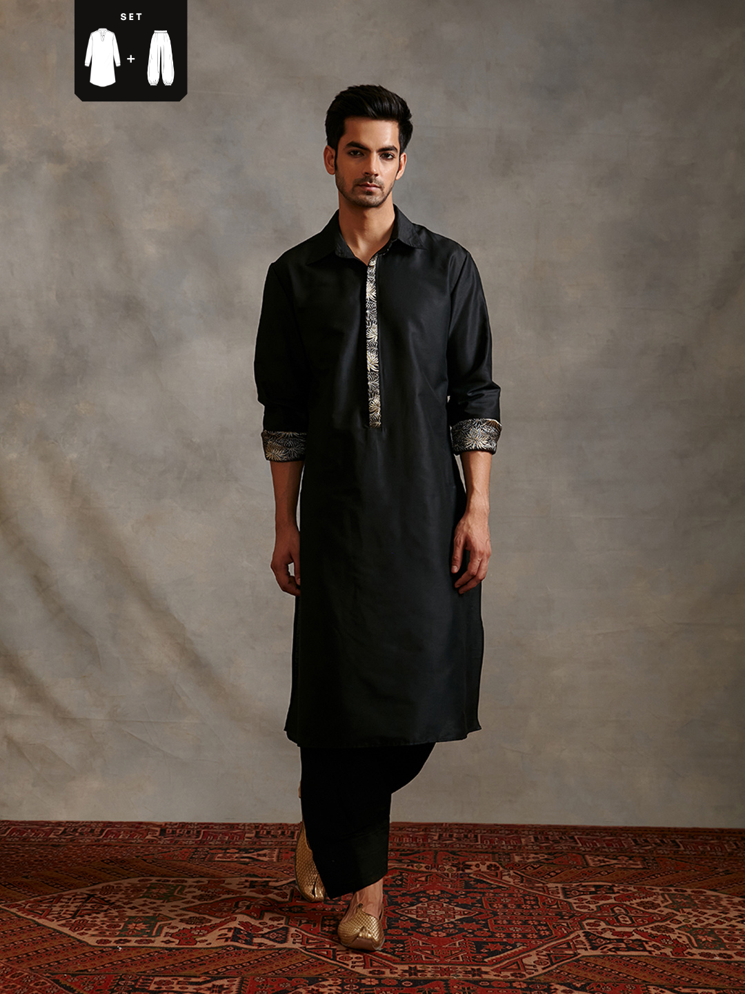 Banarasi collared kurta with zari placket and afghani pants-metallic black