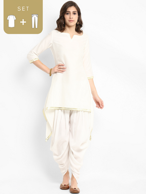 White Banarasi Asymmetric Kurta With Dhoti Pants