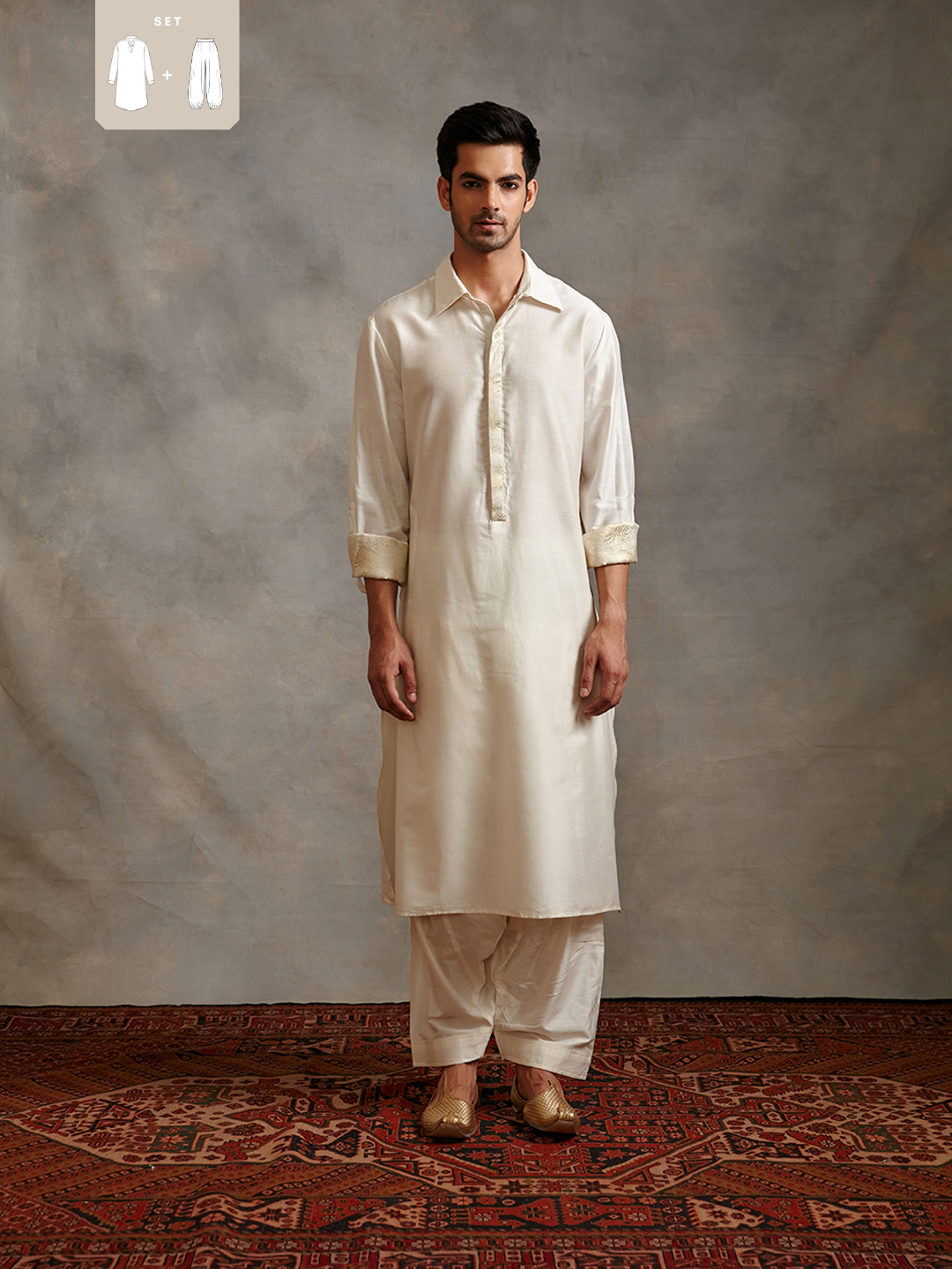 Banarasi collared Kurta Set with zari placket - Pearl white