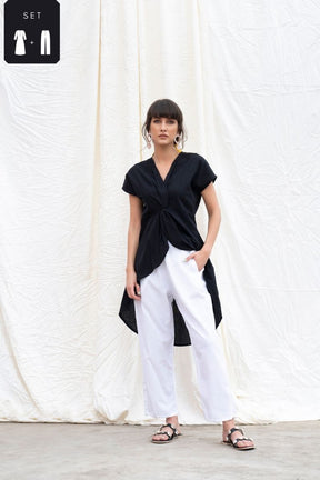 Midnight Black Mangalgiri High-Low Tunic With Pants