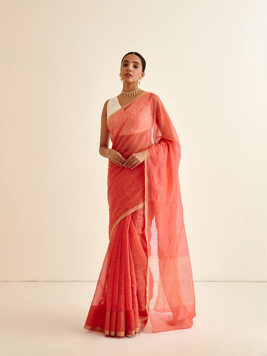 Banarasi Woven zari Plaid pattered sari-Coral pink